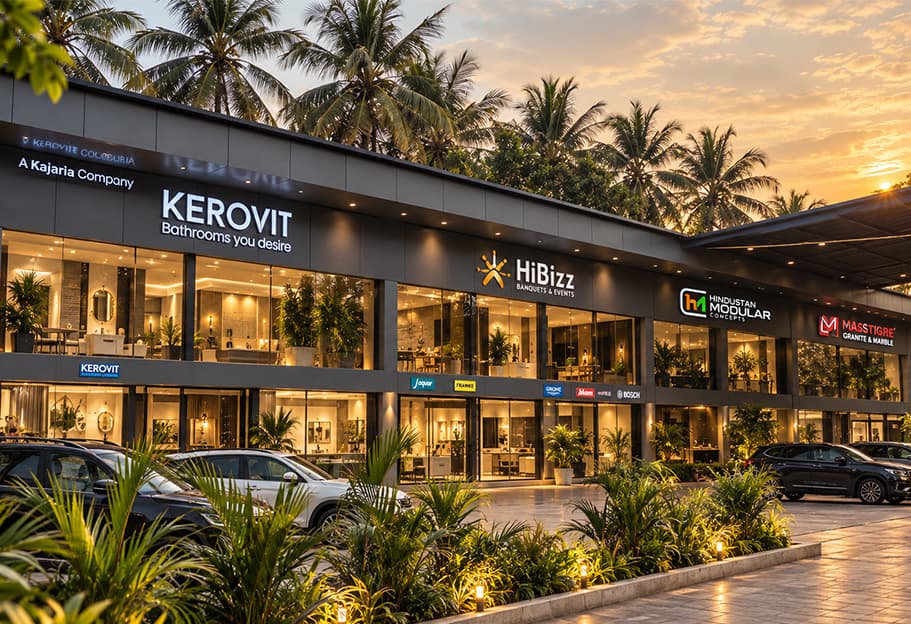 The HMC experience centre building in Colvale, Goa, at dusk