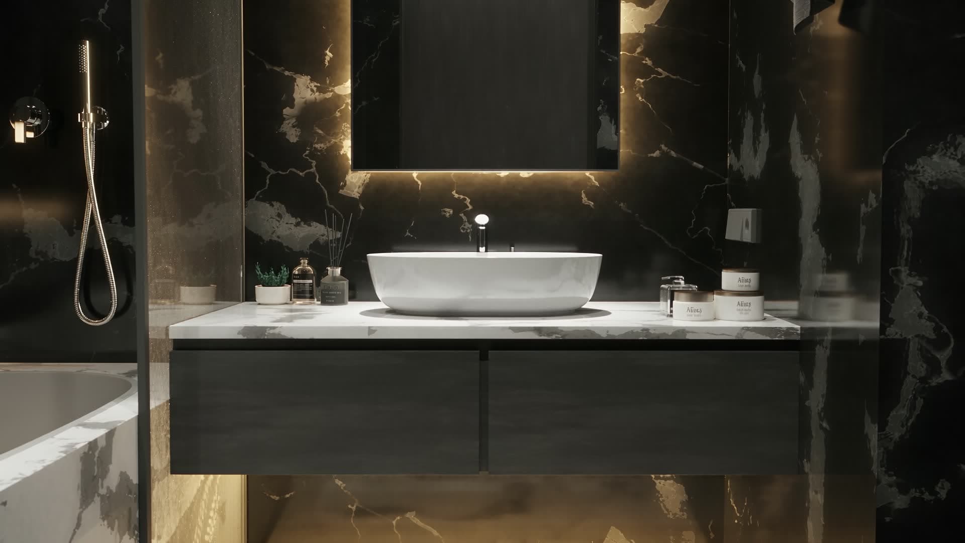 A black marble bathroom with a backlit mirror and vessel basin