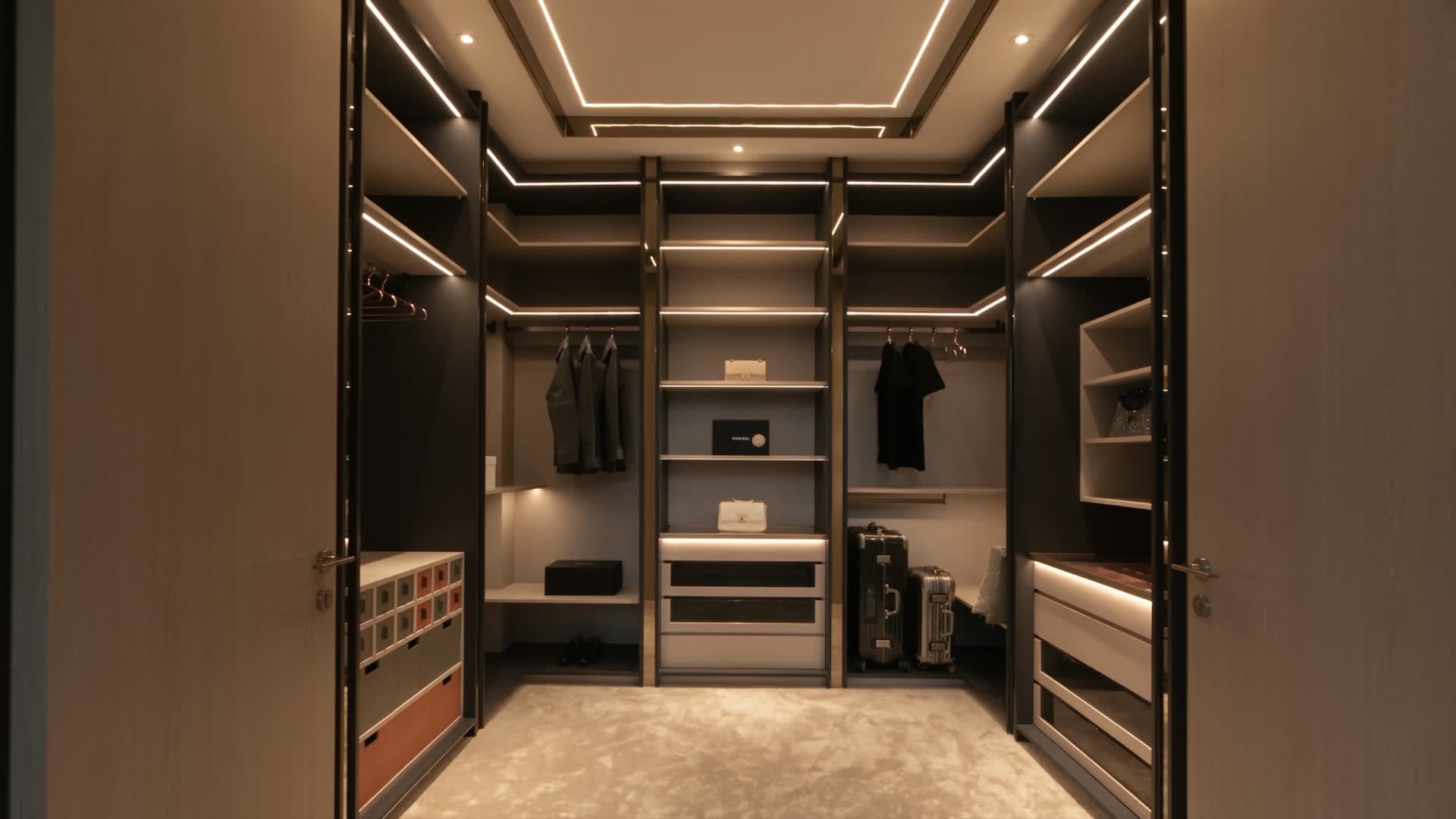 A walk-in wardrobe with lit shelving and warm wood finishes
